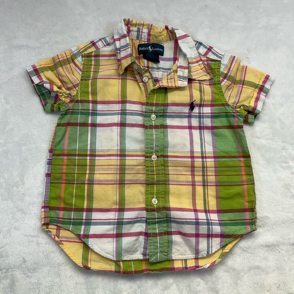 24M Ralph Lauren Boys Short Sleeve‎ Button Up Plaid Cotton Poplin Shirt